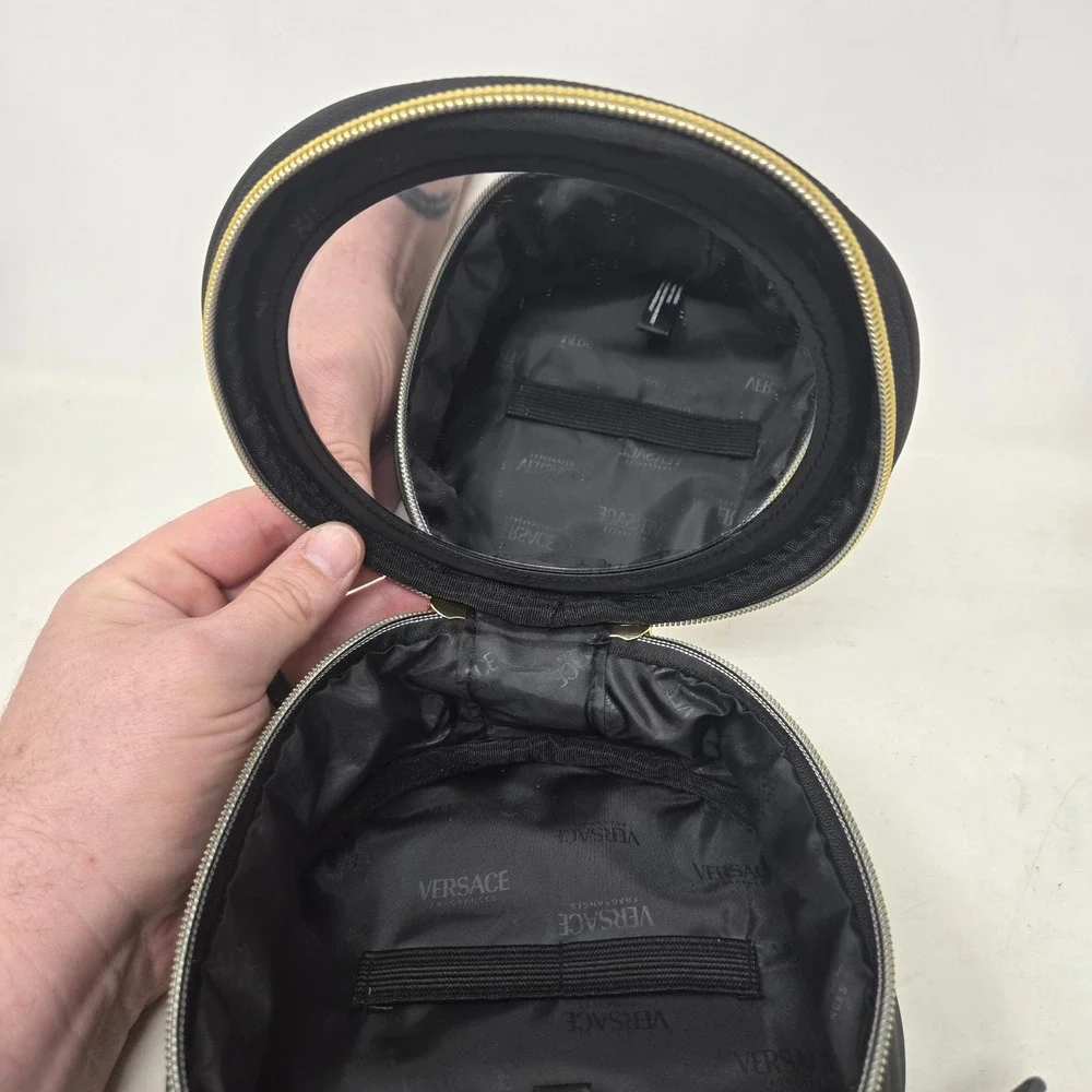 Versace Fragrances Black Round Vanity Cosmetic Case Gold Logo Mirror Travel Bag